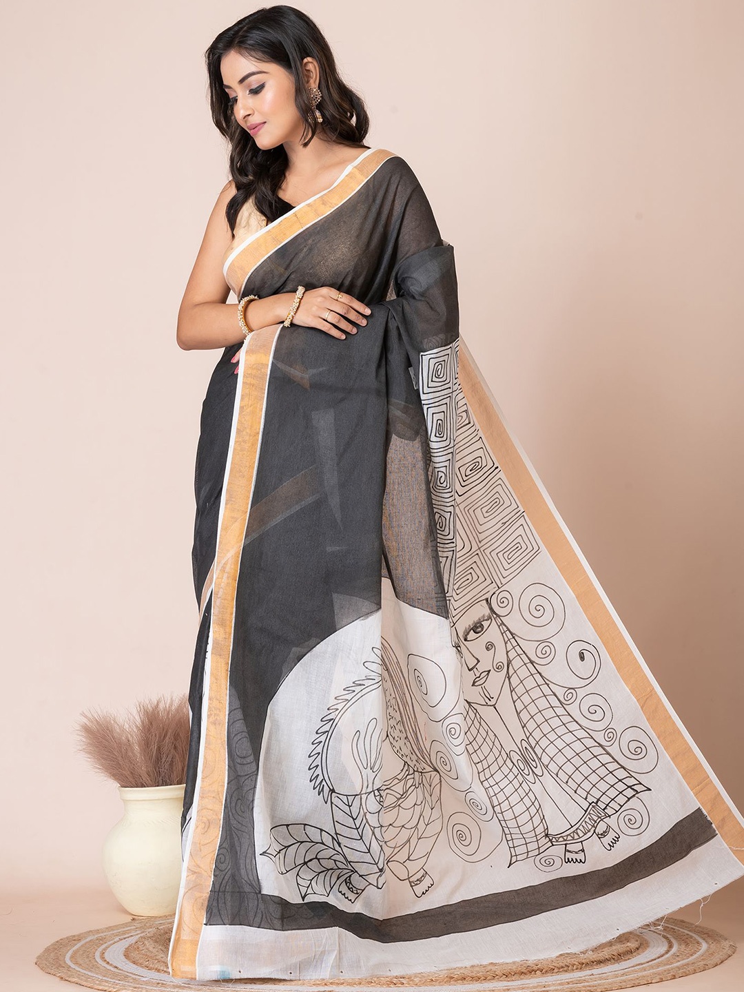 

HOUSE OF ARLI Kalamkari Zari Pure Cotton Saree, Black