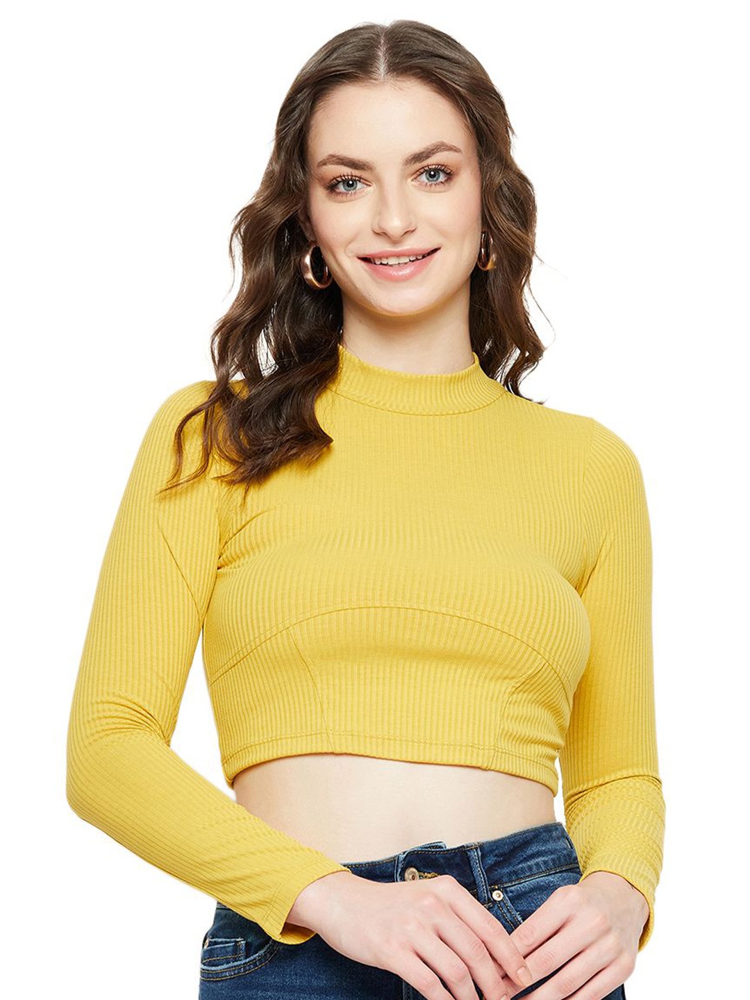 

Madame Women Solid High Neck Cotton Top, Yellow