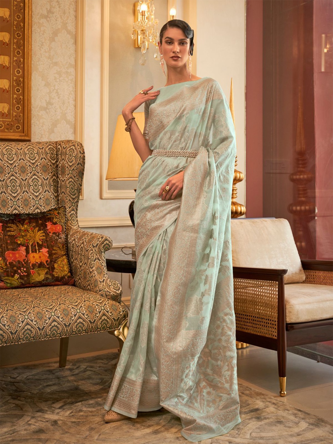 

ODETTE Woven Design Zari Saree, Sea green