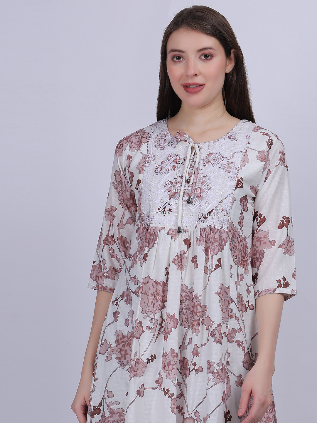 

Aumbe Women Floral Printed Round Neck Cotton Top, Brown