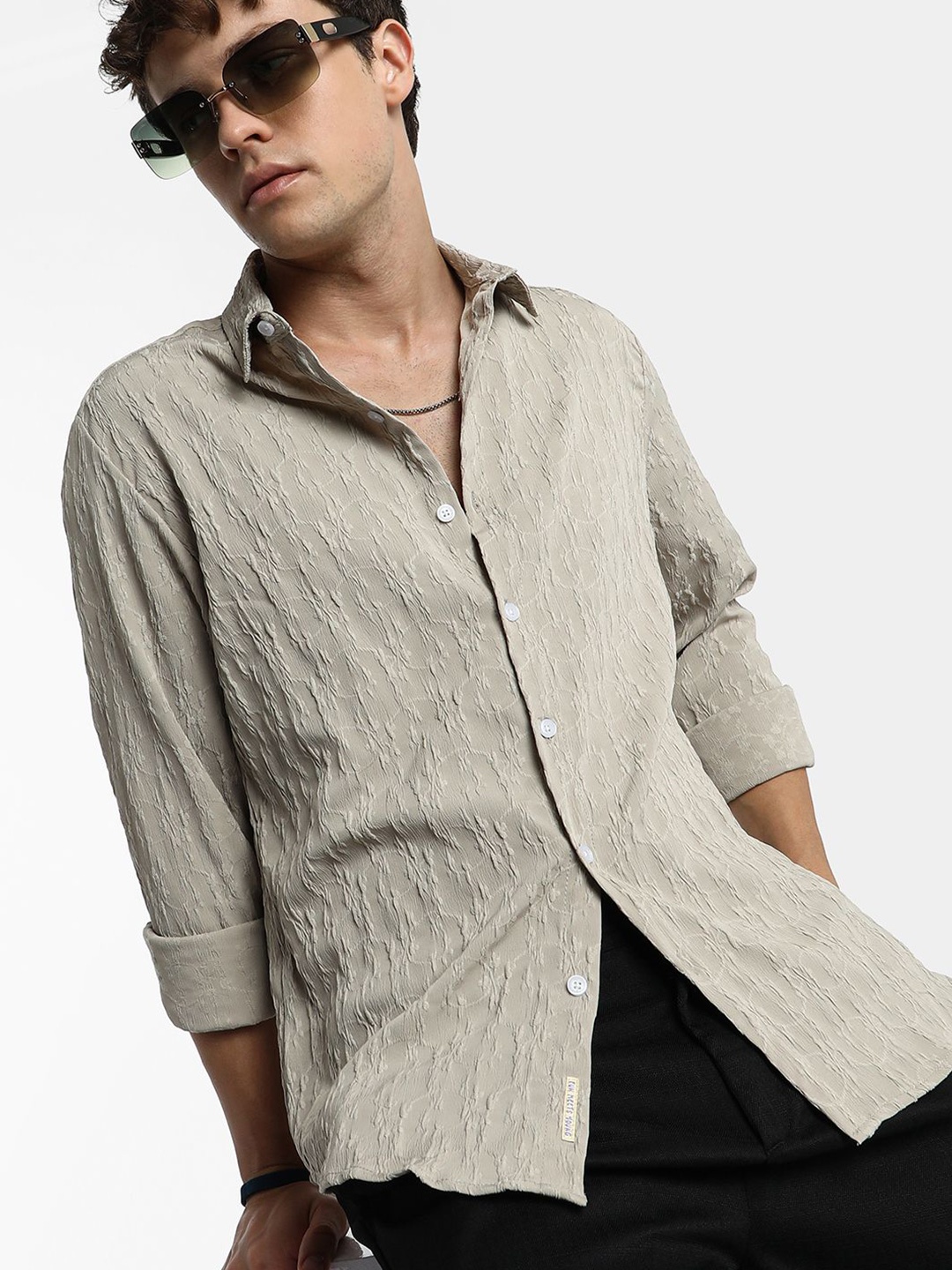 

Campus Sutra Men Comfort Spread Collar Textured Casual Shirt, Beige