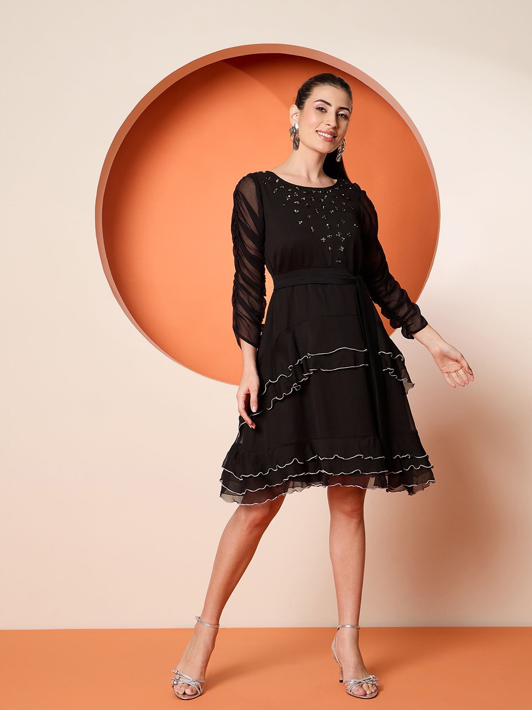 

Antheaa Embellished Chiffon A-Line Dress, Black