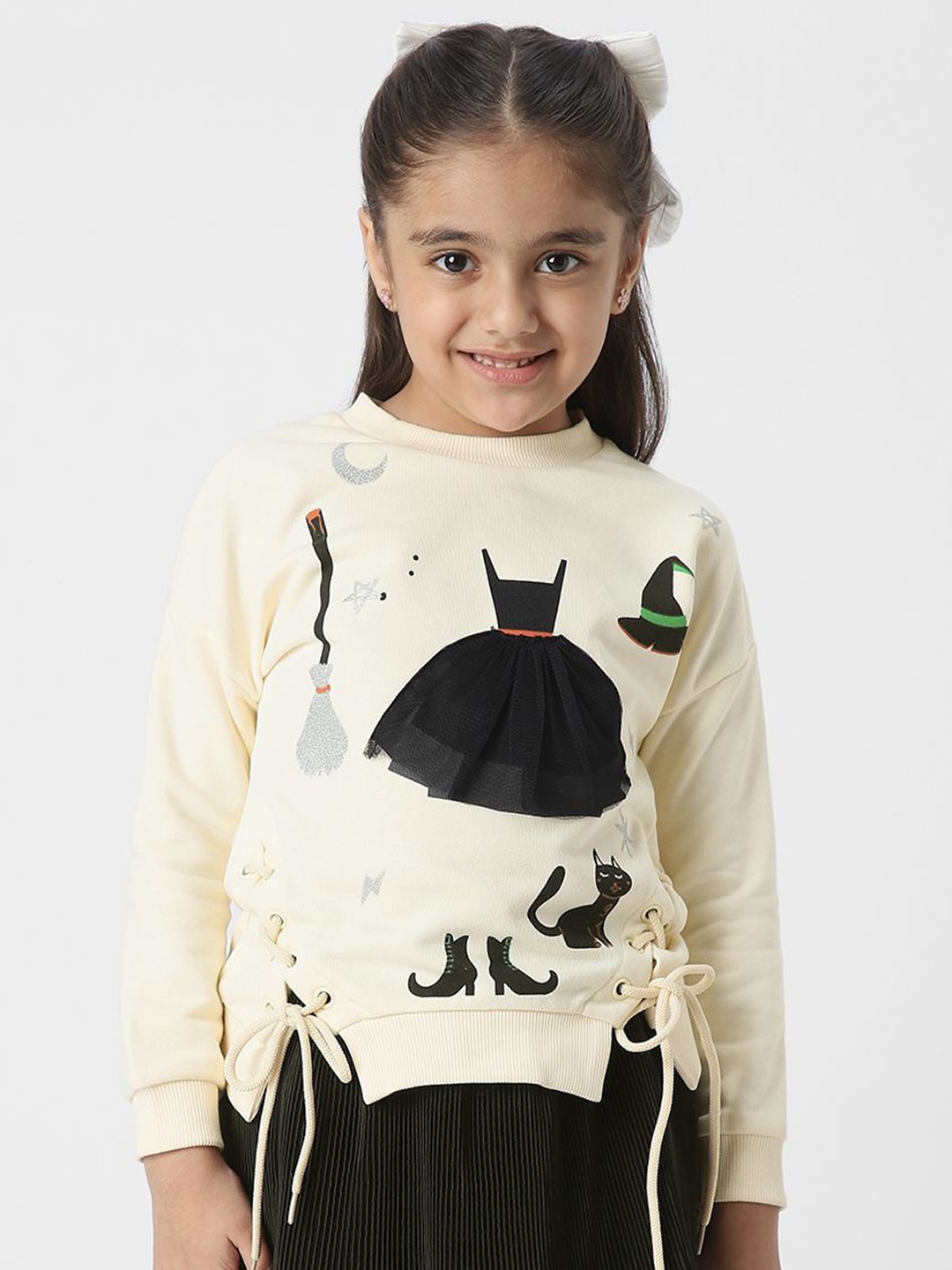 

Nauti Nati Girls Halloween-Themed Sweatshirt with Lace Inserts, Off white