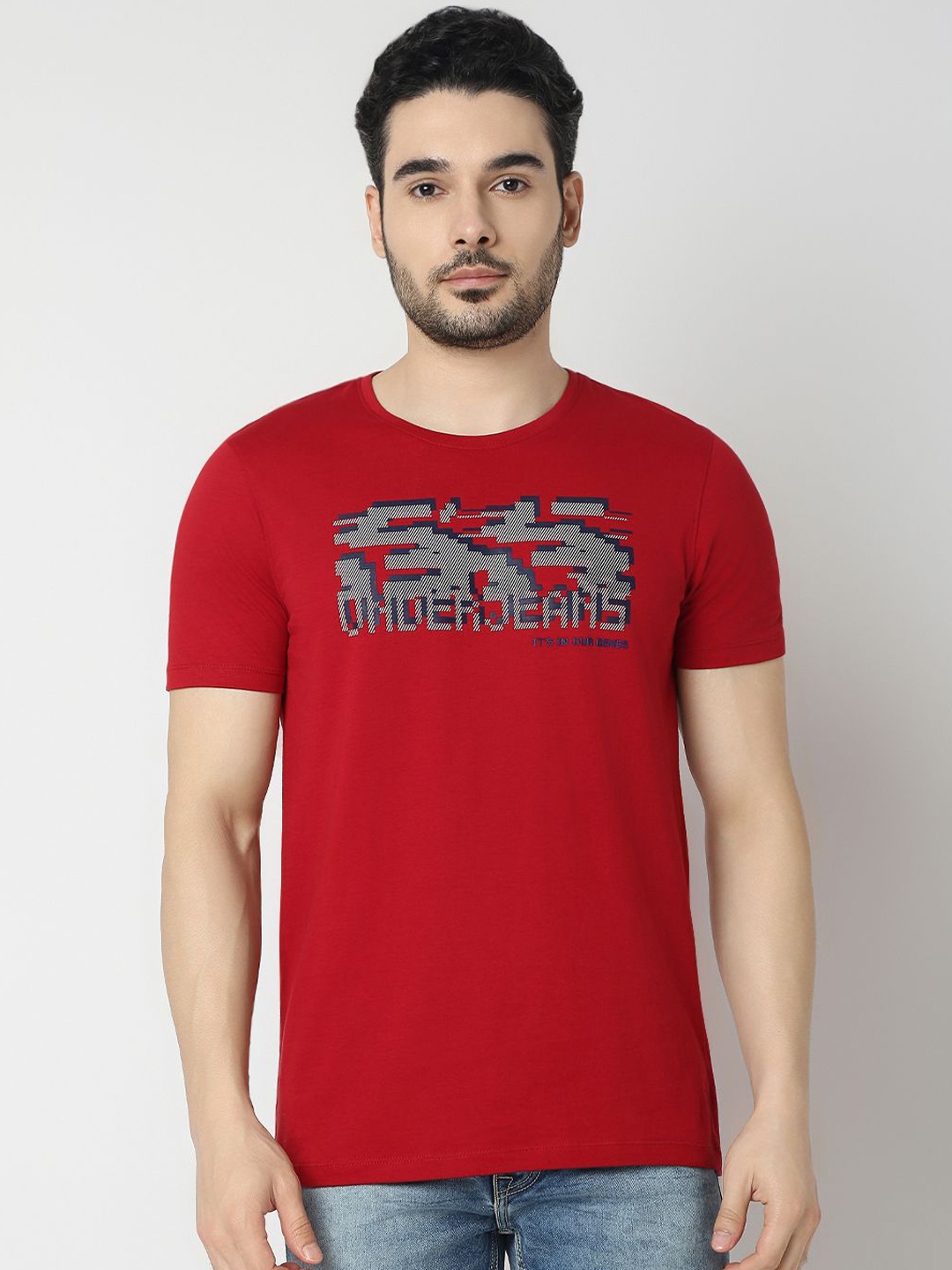 

UnderJeans by Spykar Printed Cotton Lounge T-Shirt, Red