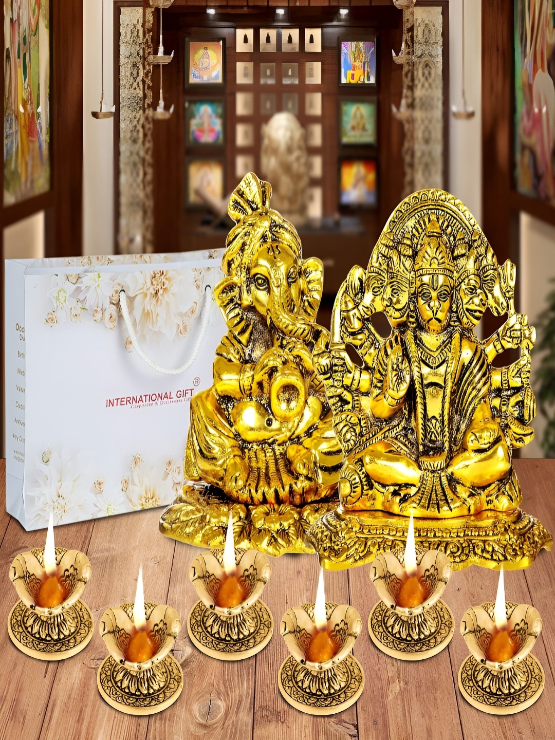 

INTERNATIONAL GIFT Gold-Toned 10 Pieces Religious Idol Showpiece With Diyas & Box