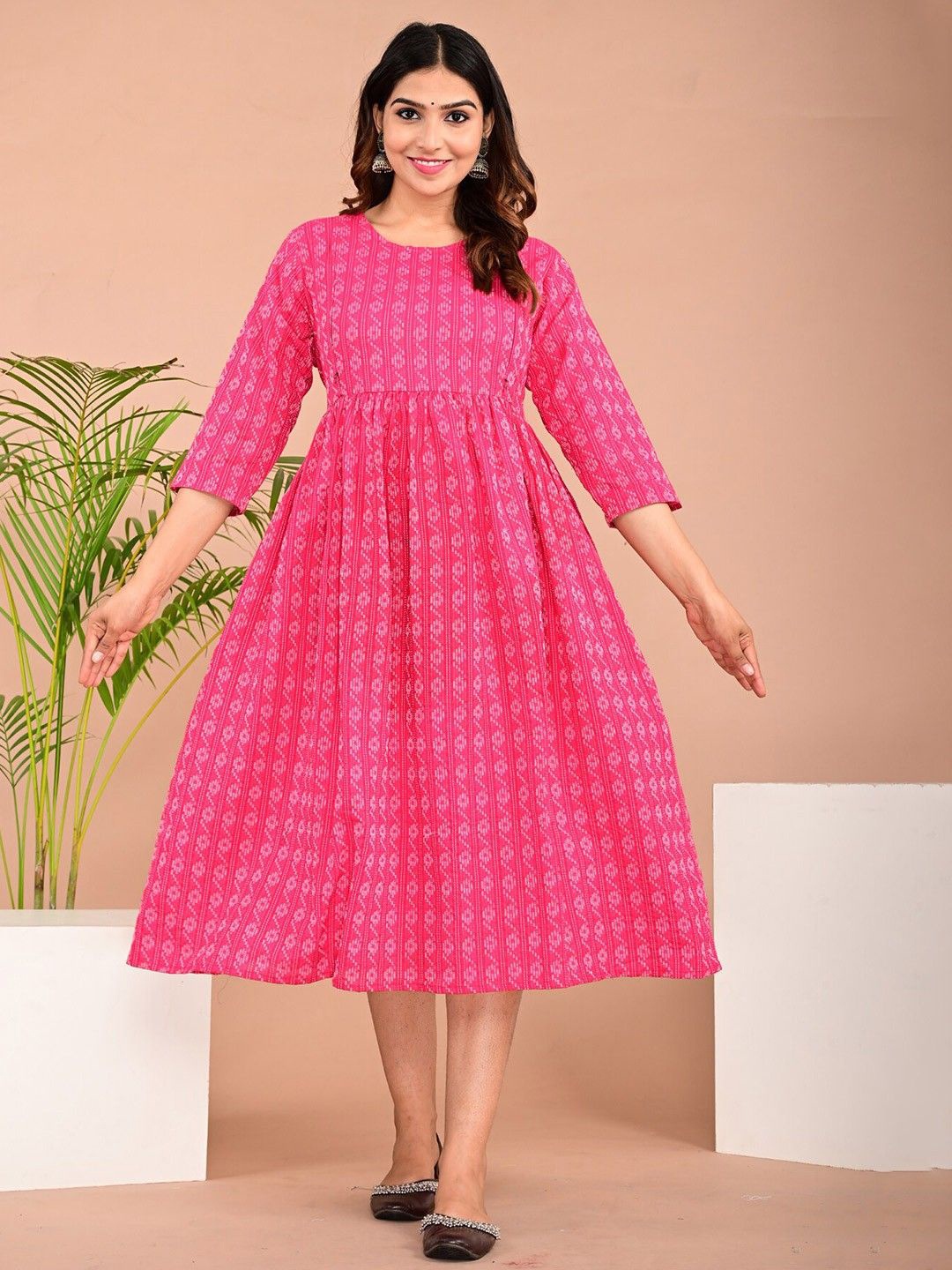 

Badrika Women Print Maternity Fit & Flare Midi Dress, Pink