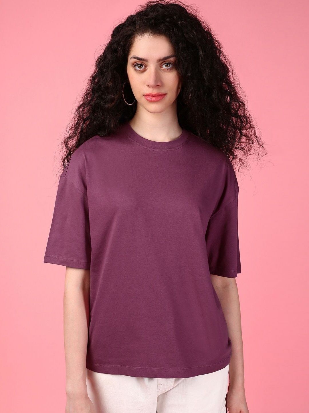 

DressBerry Women Solid Round Neck Cotton Boxy T-shirt, Purple