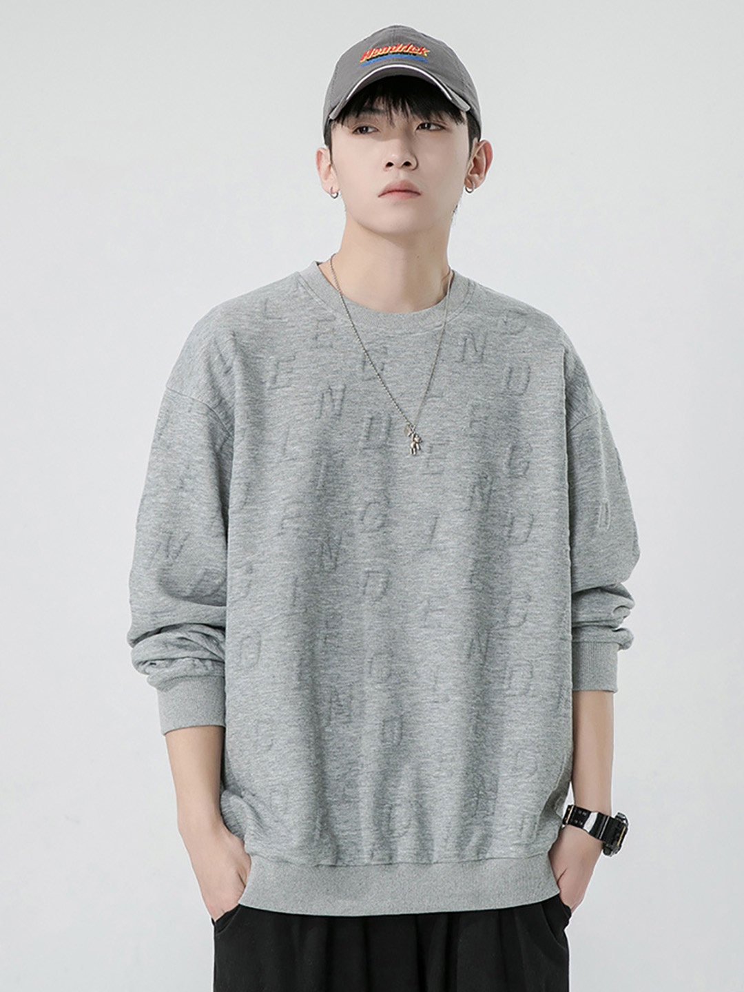 

StyleCast x Revolte Men Round Neck Self Design Sweatshirt, Grey