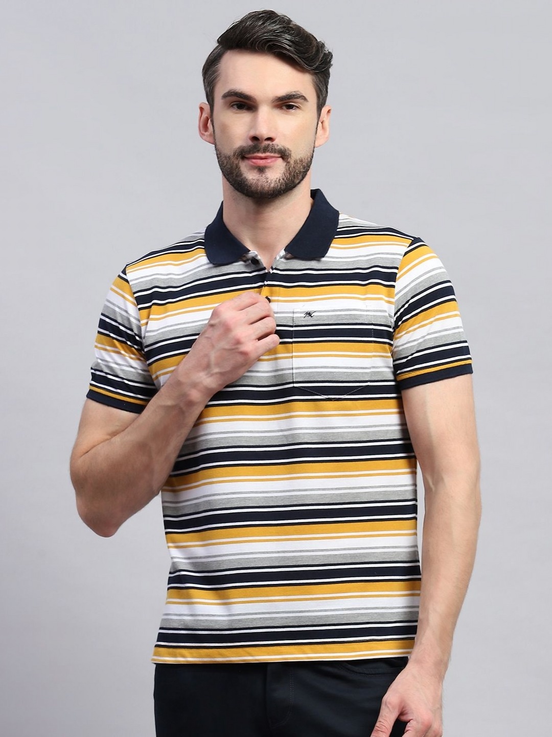 

Monte Carlo Men Striped Polo Collar Cotton T-shirt, Yellow