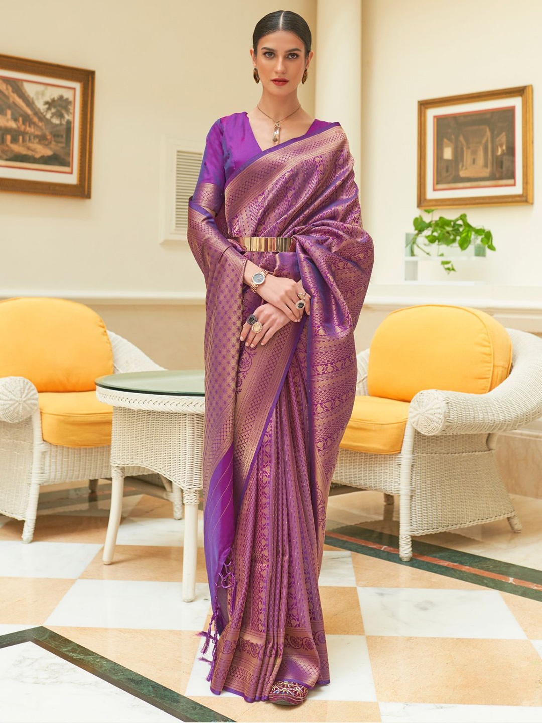 

ODETTE Woven Design Zari Saree, Purple