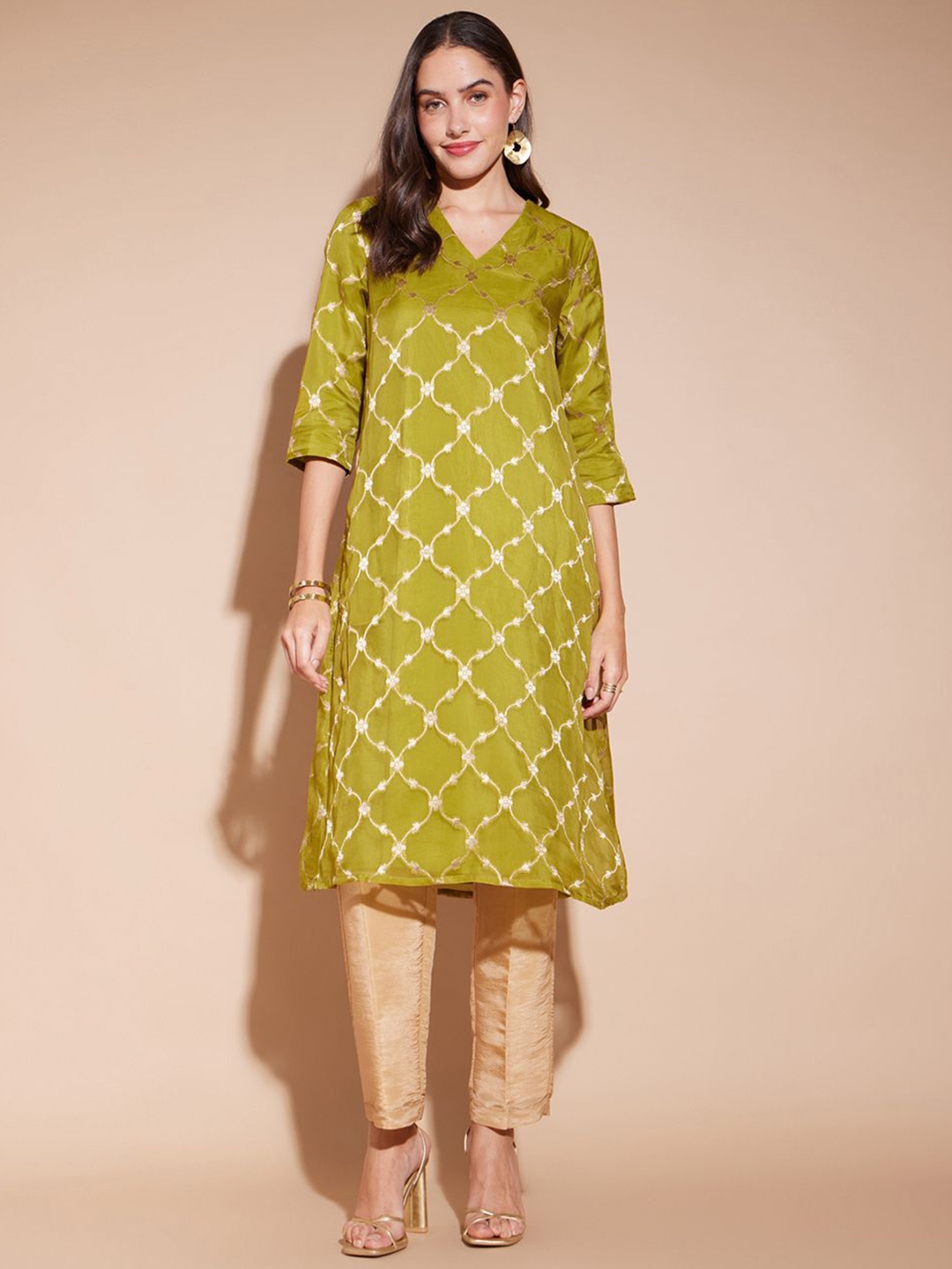 

Pink Fort Ethnic Motifs Woven Design Jacquard A-Line Kurta, Green