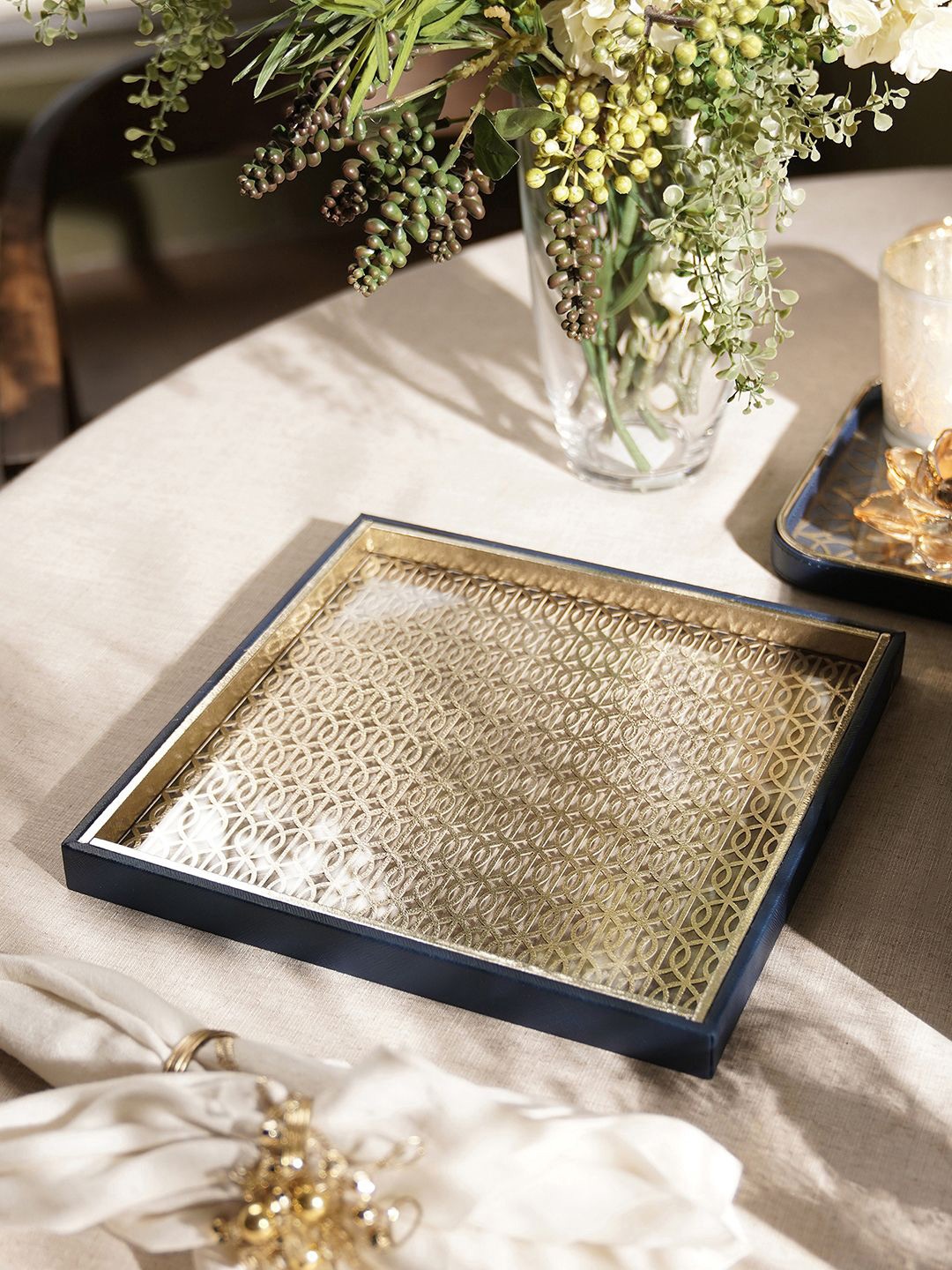 

Pure Home and Living Blue & Gold Toned Geometric Lazer Cutted Tray