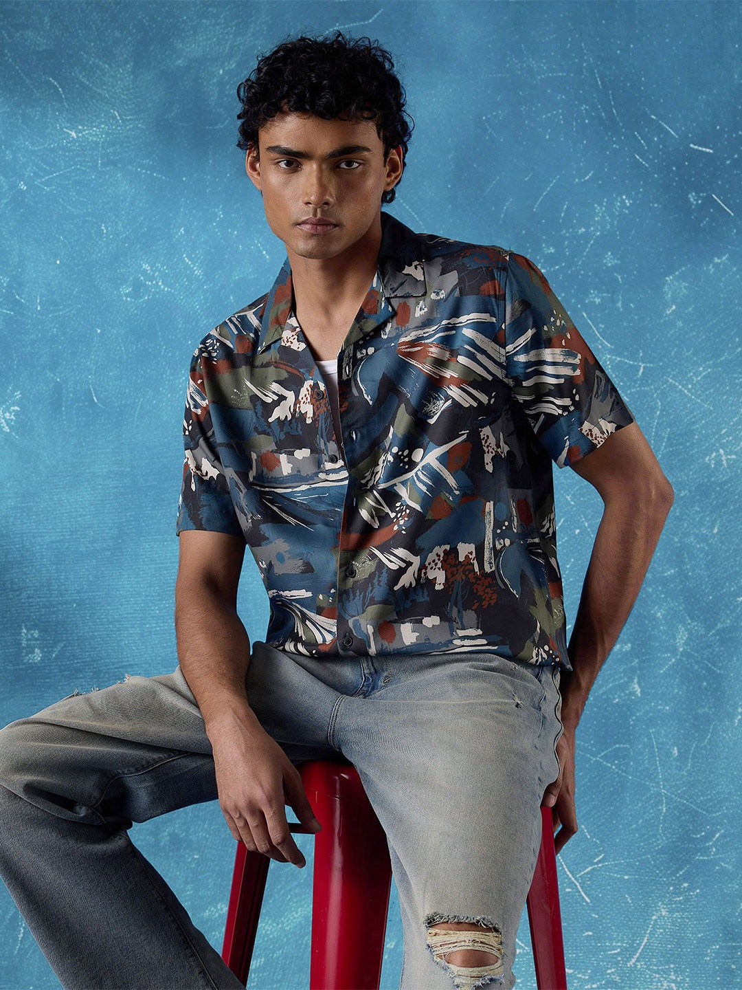 

Flying Machine Men Cuban Collar Abstract Printed Casual Shirt, Blue