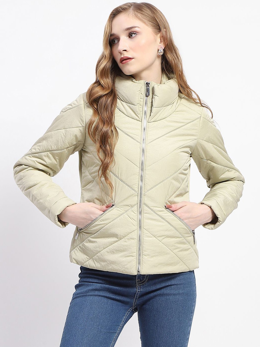 

Madame Women Mock Collar Long Sleeves Padded Jacket, Green