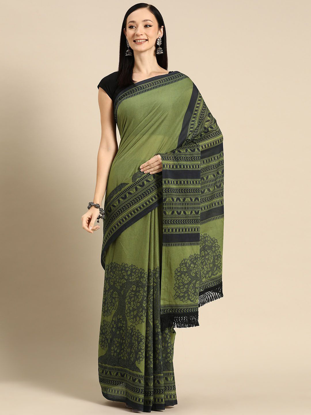 

BUTA BUTI Floral Printed Pure Cotton Saree, Olive