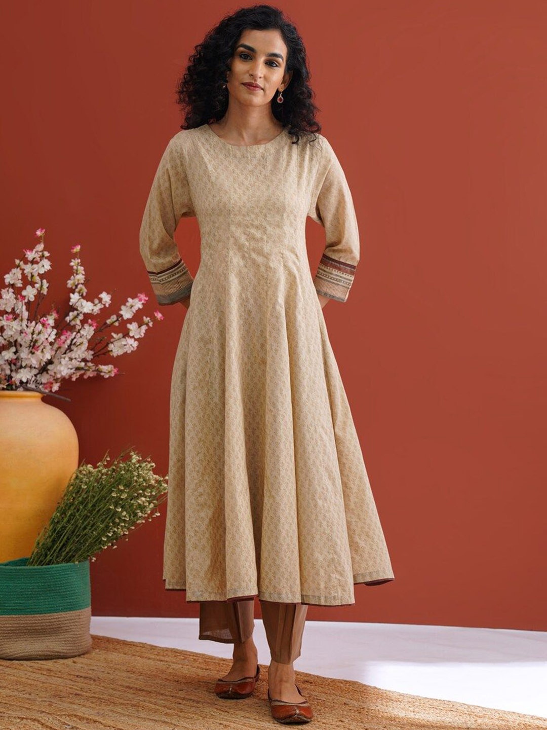 

JAYPORE Ethnic Motifs Printed Pure Cotton Anarkali Kurta, Beige