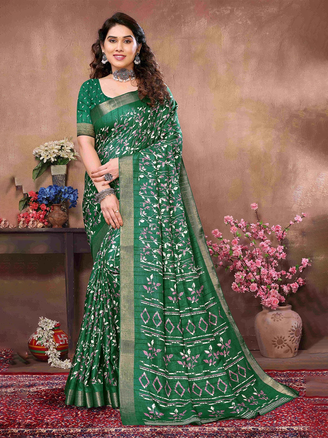 

sareyavella Floral Printed Zari Maheshwari Saree, Green