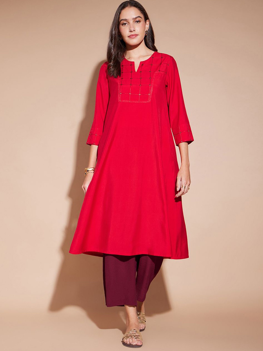 

Pink Fort Geometric Embroidered Notch Neck A-Line Kurta with Trousers, Red