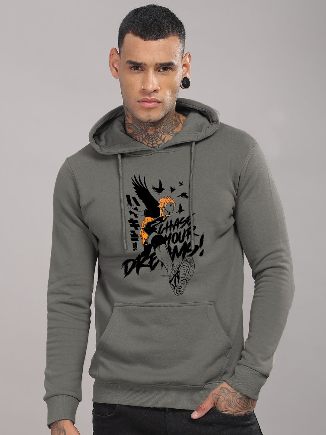 

ADRO Men Printed Hooded Pure Cotton Sweatshirt, Grey