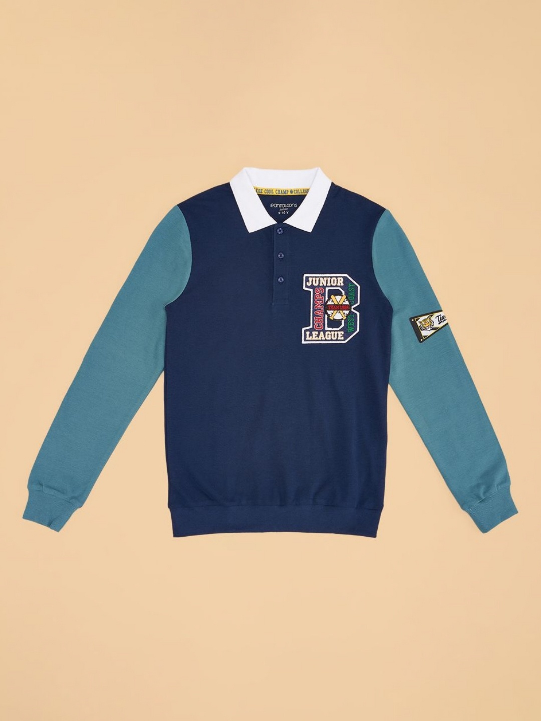 

Pantaloons Junior Boys Typography Printed Polo Collar Cotton T-shirt, Navy blue