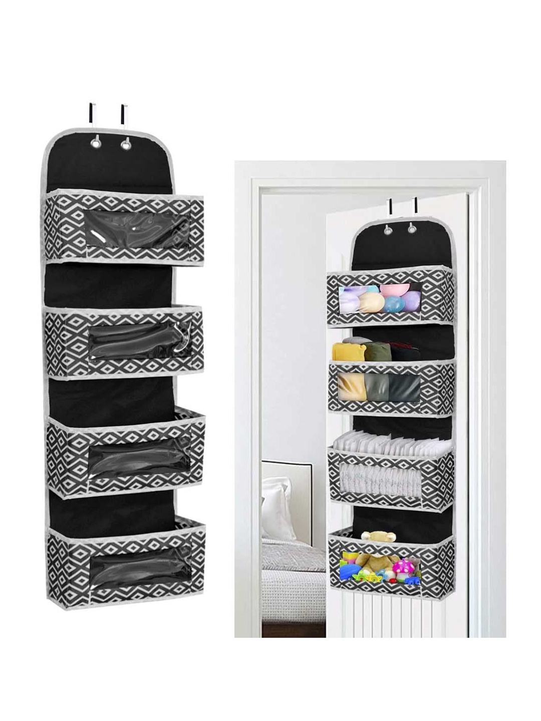 

prettykrafts Black Printed Reusable Multi-Utility Over Door Hanging Organizer