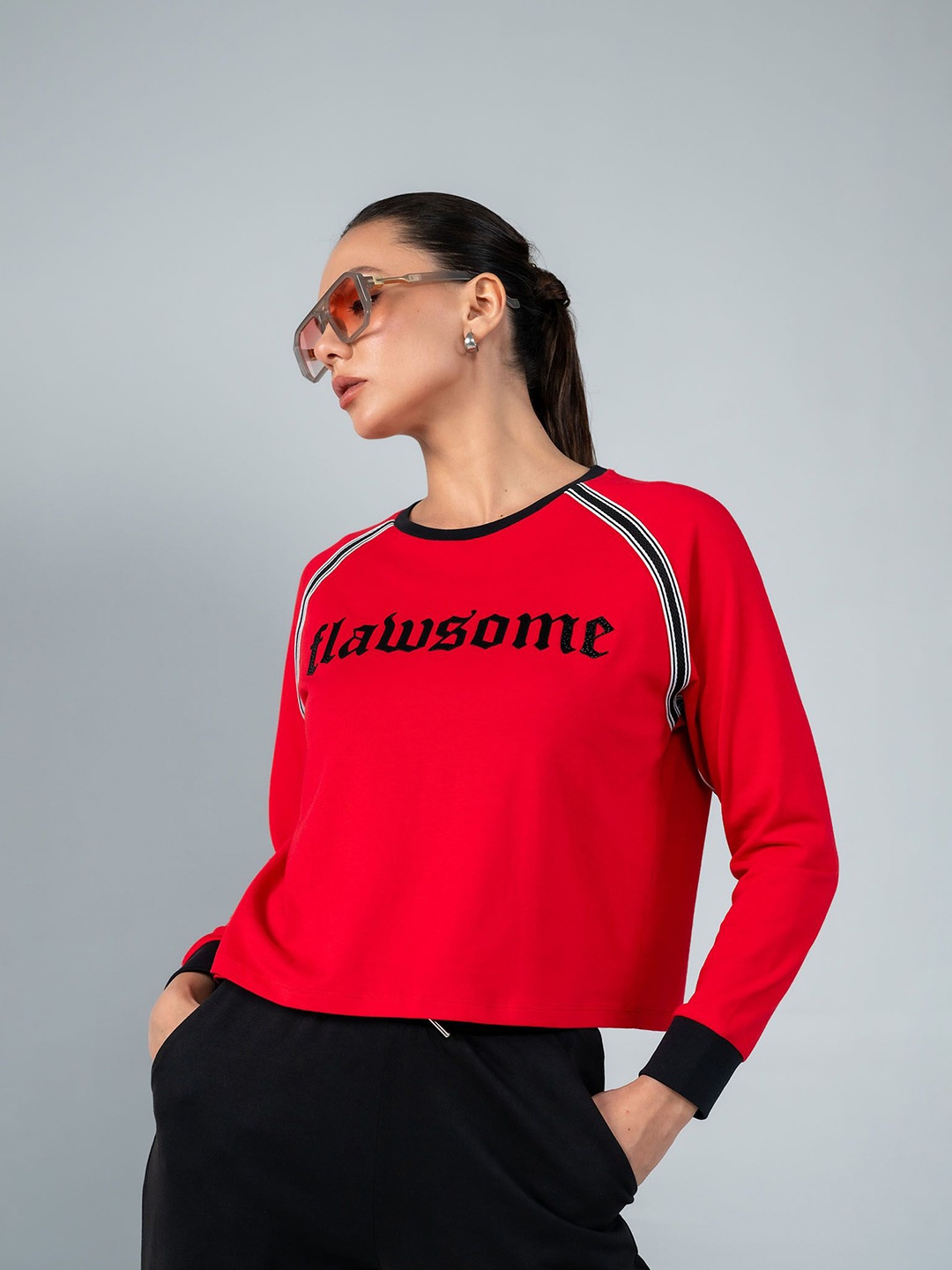 

EDRIO Women Typography Printed Round Neck Cotton Top, Red