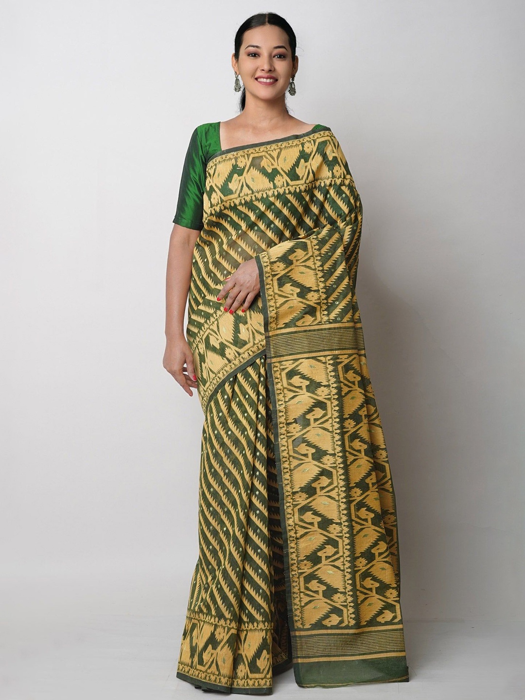 

Unnati Silks Woven Design Pure Cotton Handloom Jamdani Saree, Yellow