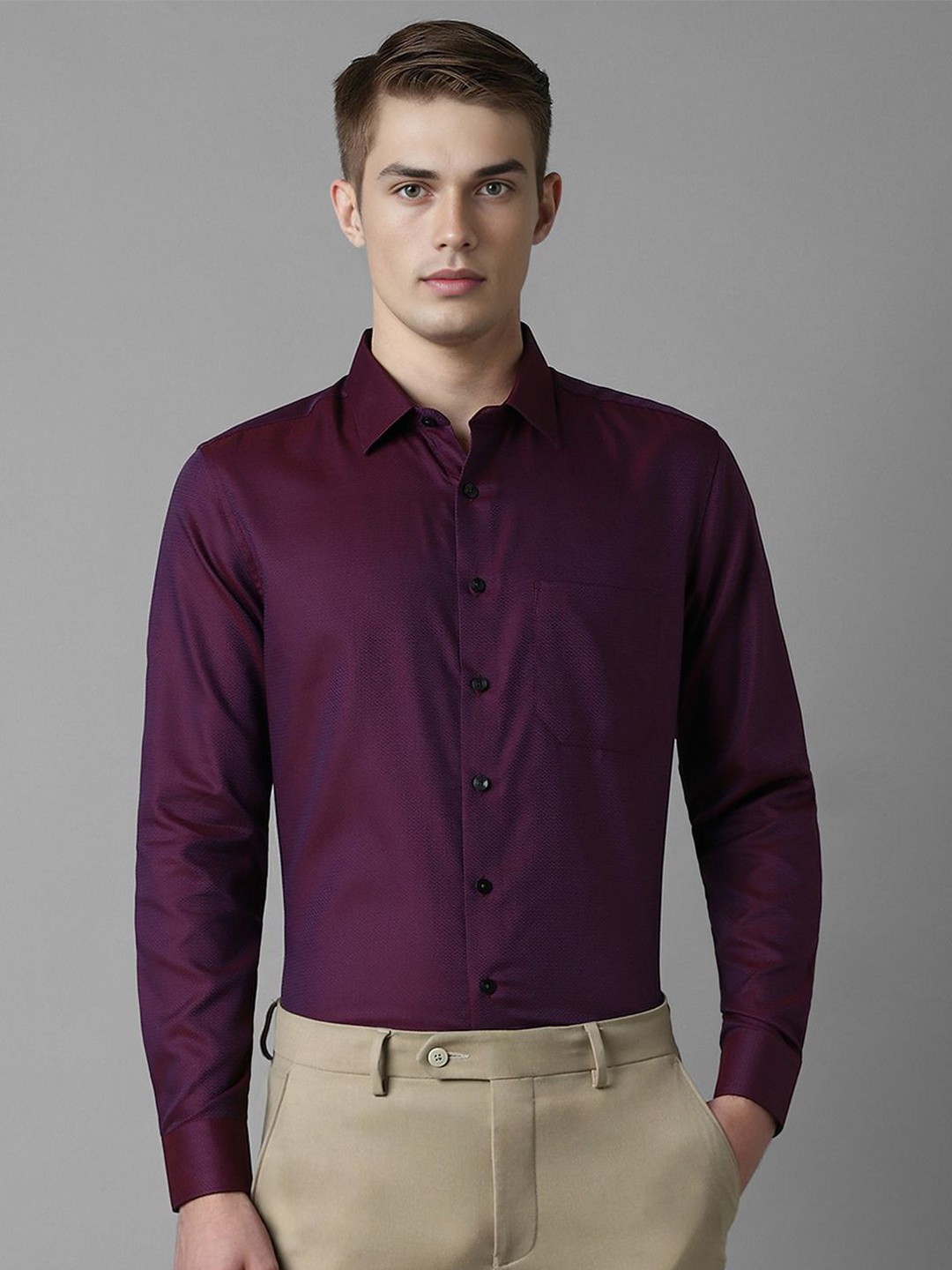 

Louis Philippe Men Spread Collar Textured Printed Cotton Slim Fit Formal Shirt, Purple