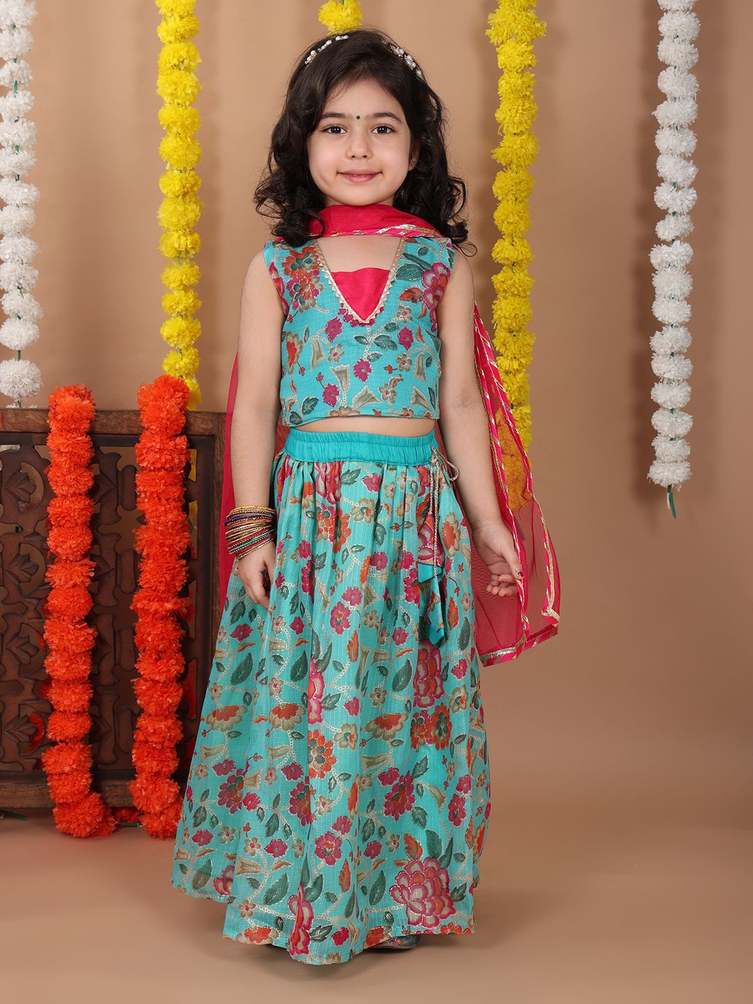 

Sangria Girls Floral Printed Gotta Patti Ready to Wear Cotton Lehenga With Choli & Dupatta, Blue