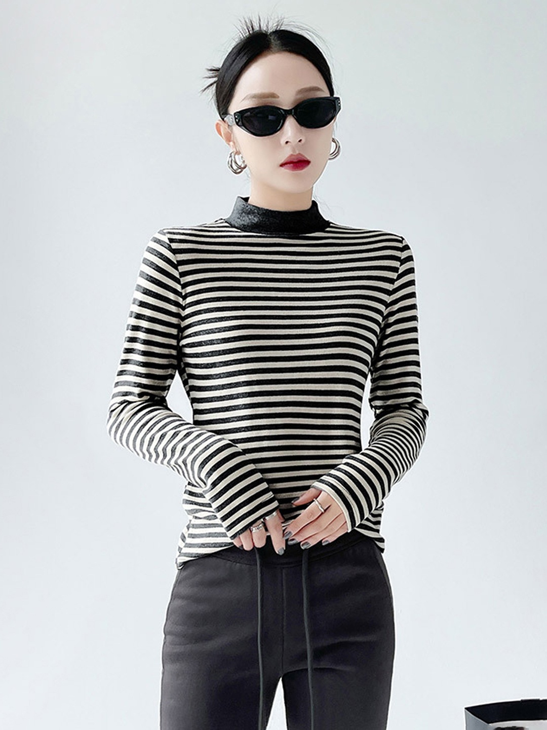 

LULU & SKY Women Horizontal Striped High Neck Top, Black