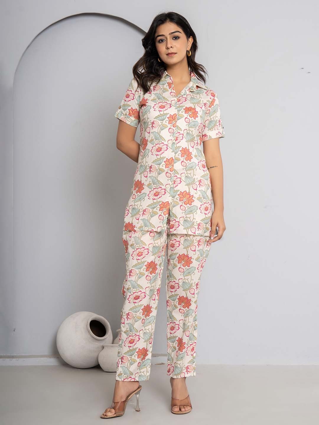 

JAIPURI BUNAAI Printed Pure Cotton Tunic & Trousers, White