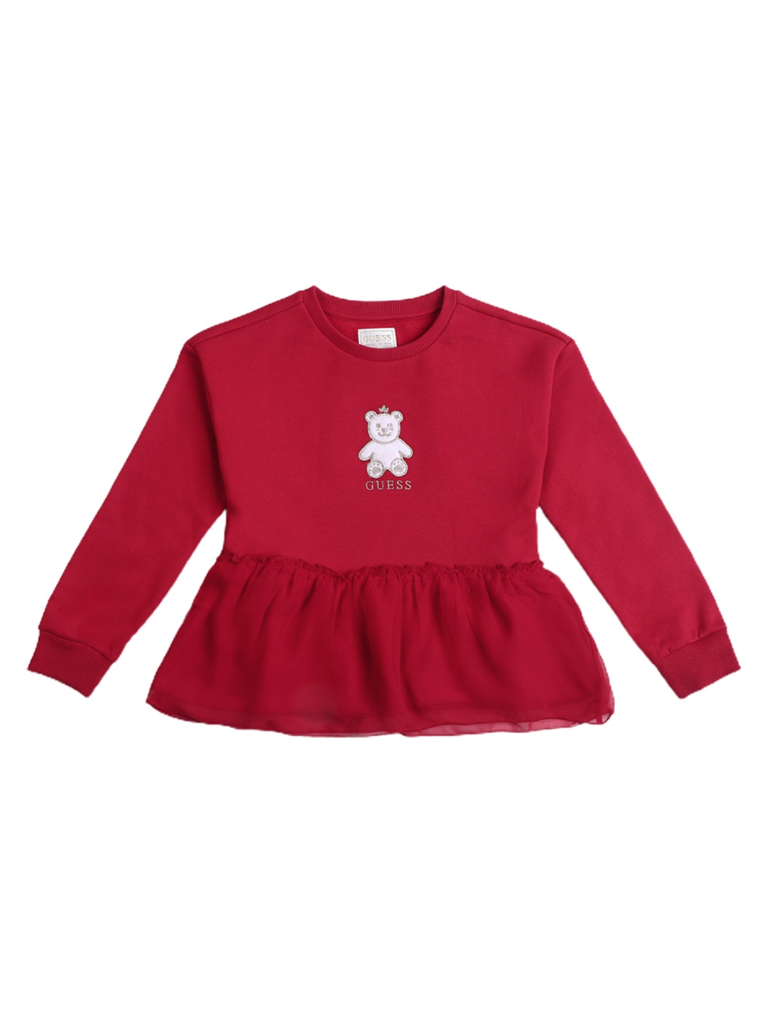 

GUESS kids Girls Solid Embroidered Pure Cotton Peplum Top, Red