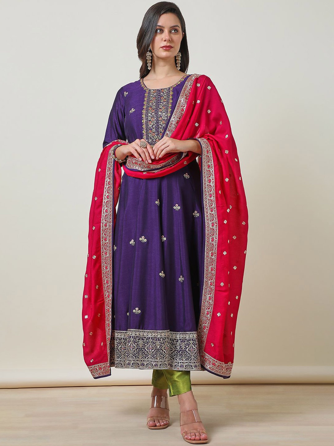 

Soch Purple Ethnic Motifs Embroidered Zari A-Line Kurta With Trousers & Dupatta