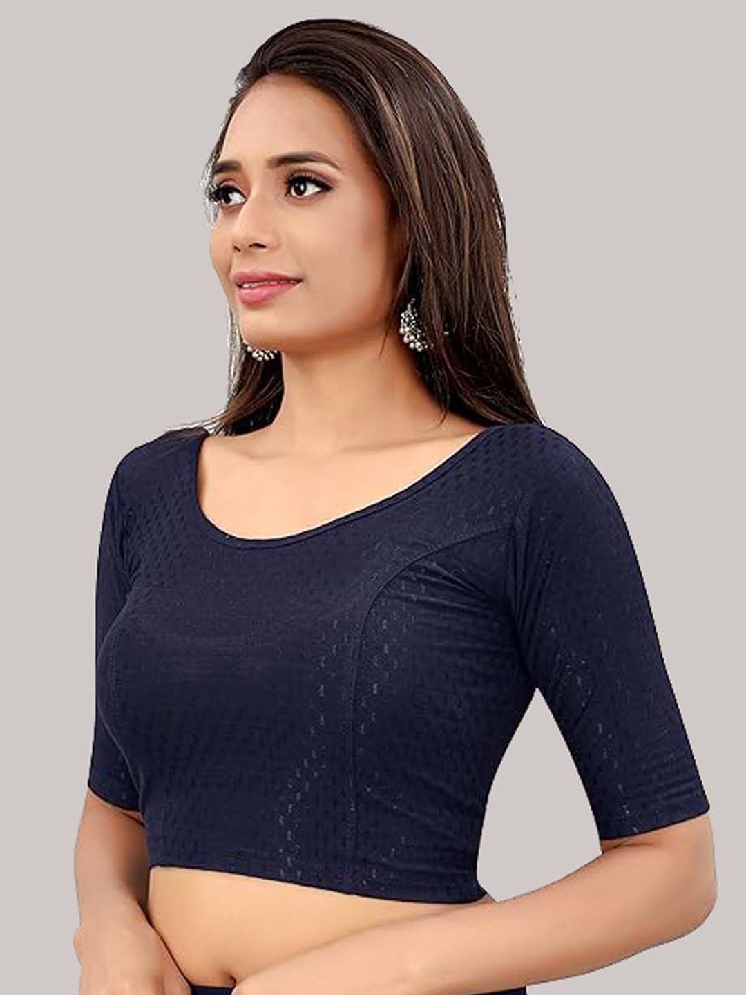 

Krimmple Embellished Stretchable Short Sleeves Saree Blouse, Navy blue