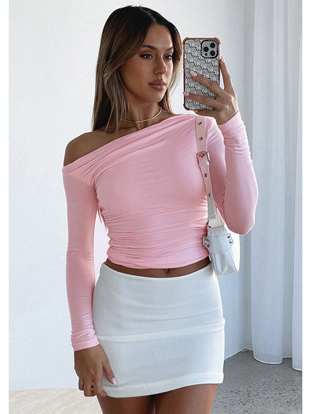 

LULU & SKY Women Solid One Shoulder Top, Pink