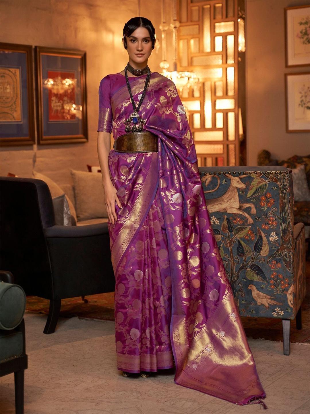 

ODETTE Woven Design Zari Saree, Purple