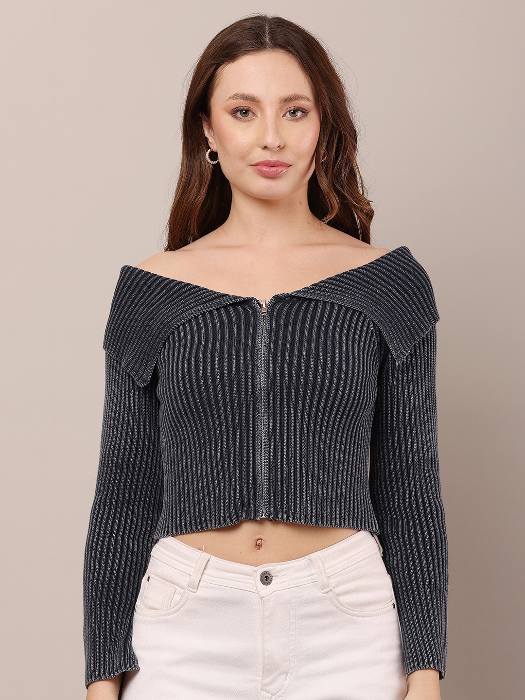 

NoBarr Women Self Design Lapel Collar Cotton Top, Black