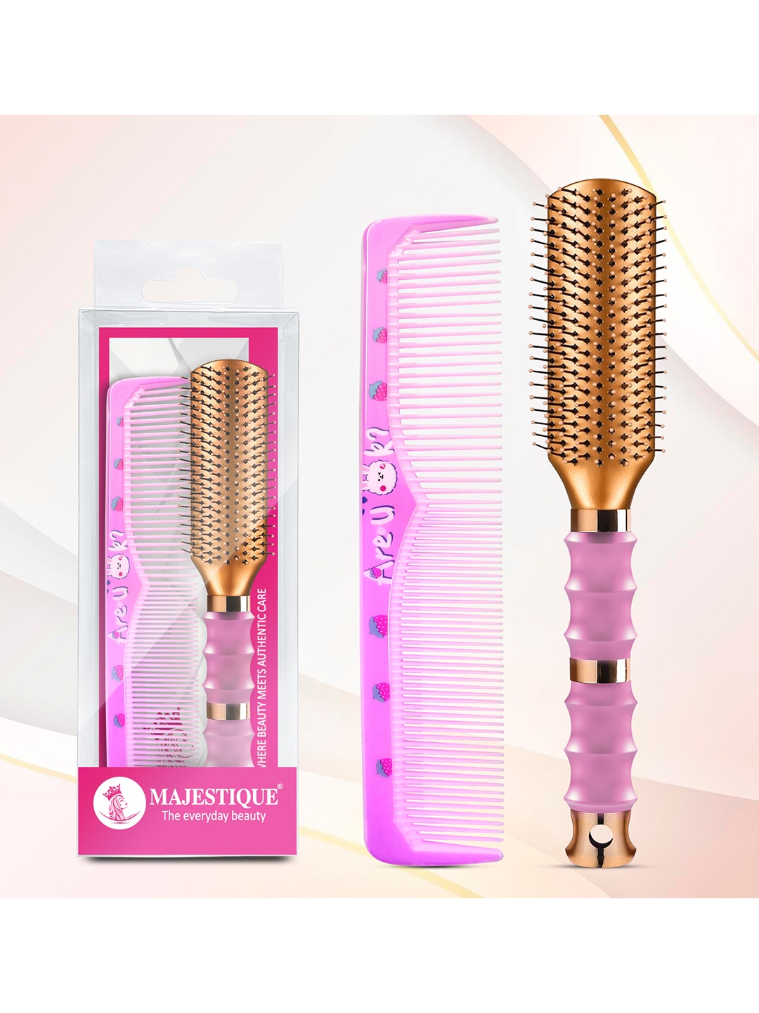 

MAJESTIQUE Set Of 2 Premium Flat Hair Brush & Wide Tooth Comb, Multi