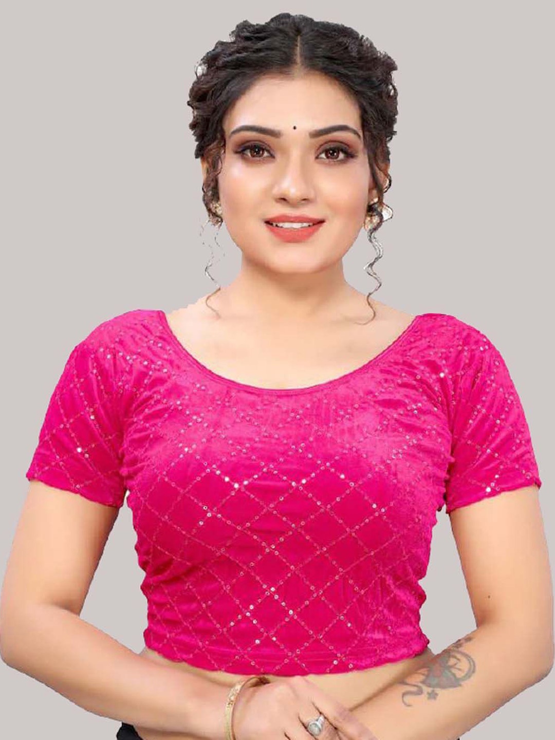 

Krimmple Embellished Round Neck Saree Blouse, Pink