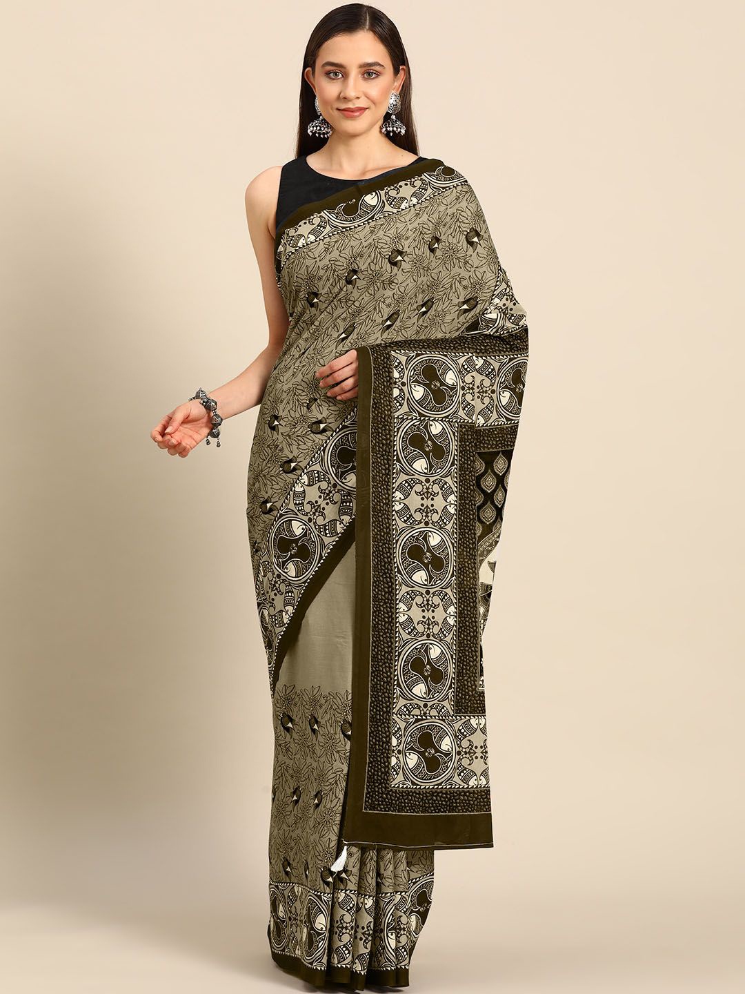 

BUTA BUTI Floral Printed Pure Cotton Saree, Coffee brown