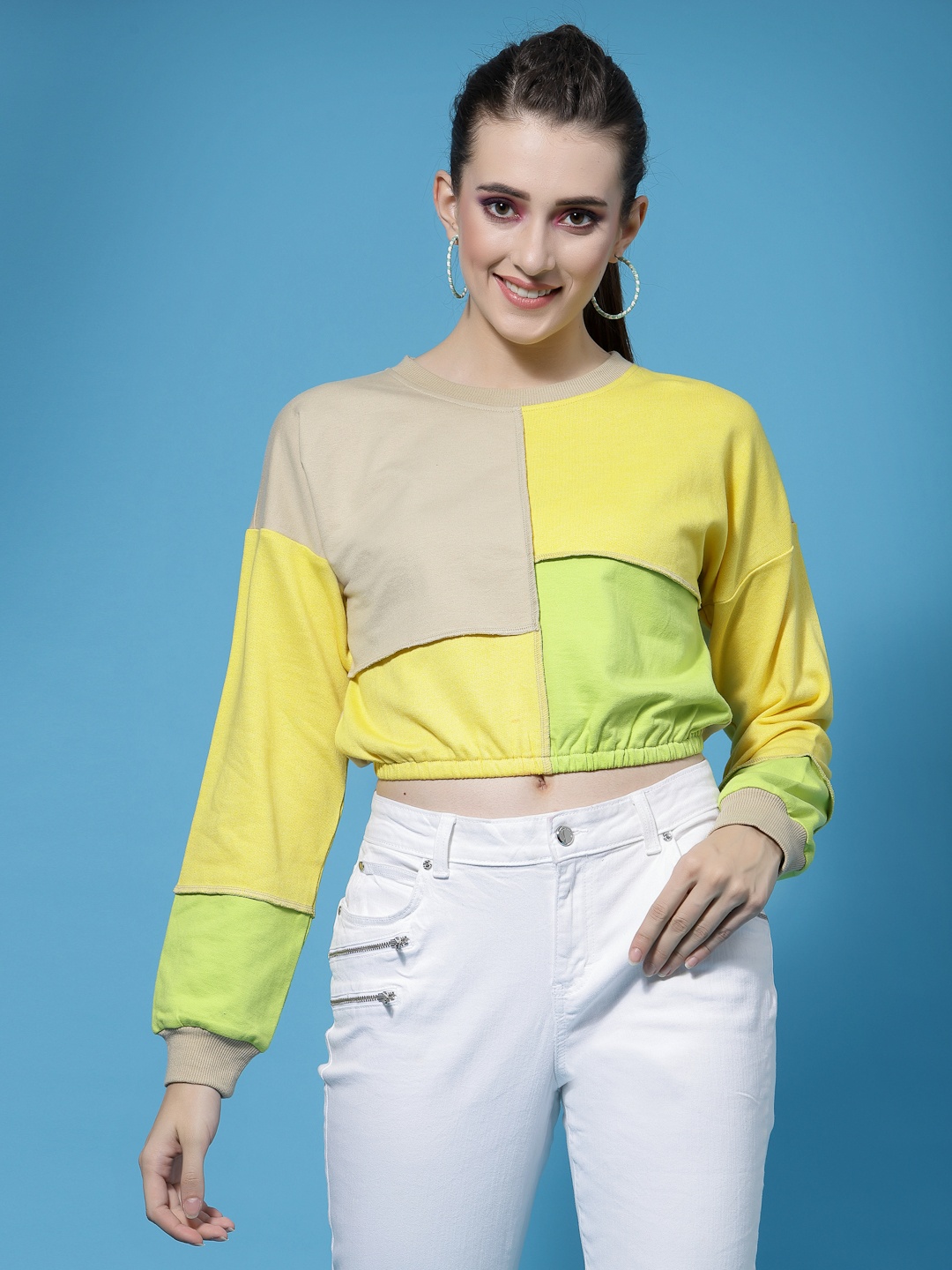 

Athena Women Colourblocked Pullover Cotton Crop Sweatshirt, Yellow