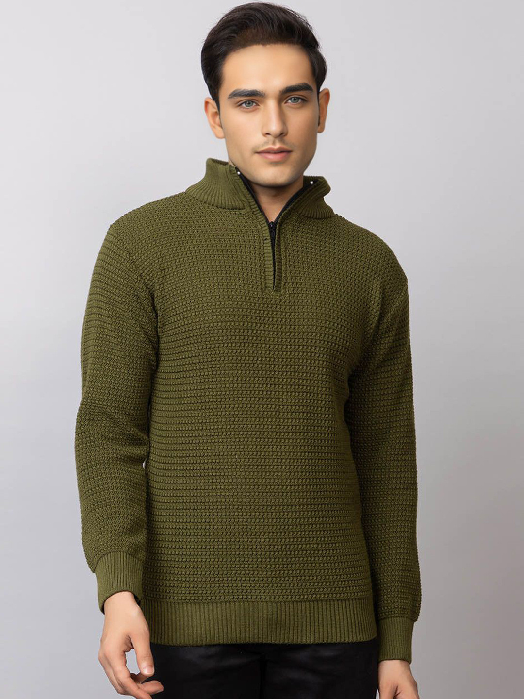 

TYSORT Men Cable Knit Woollen Mock Collar Pullover Sweater, Olive