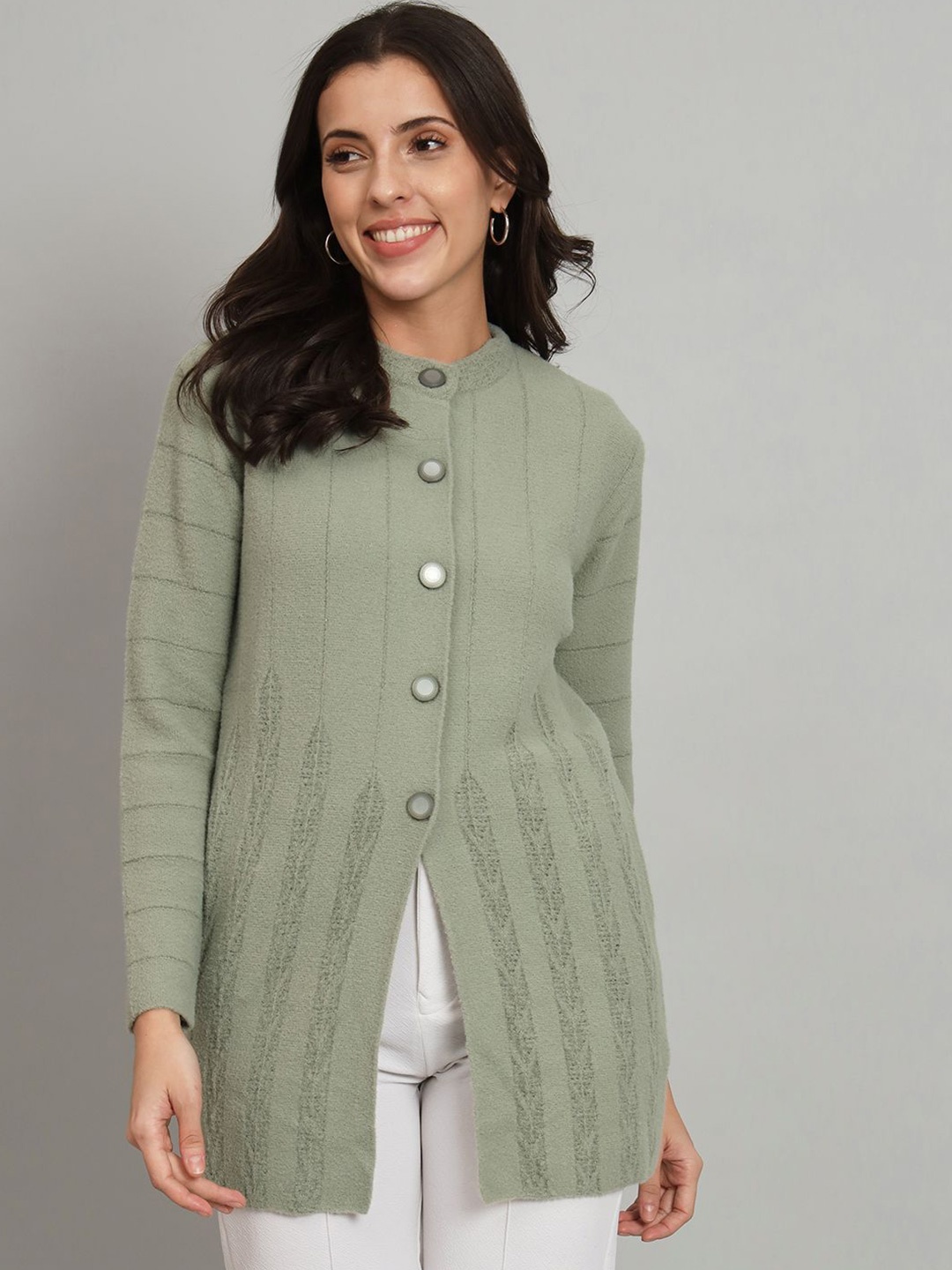 

Chemistry Women Cable Knit Self Design Woollen Longline Cardigan, Olive
