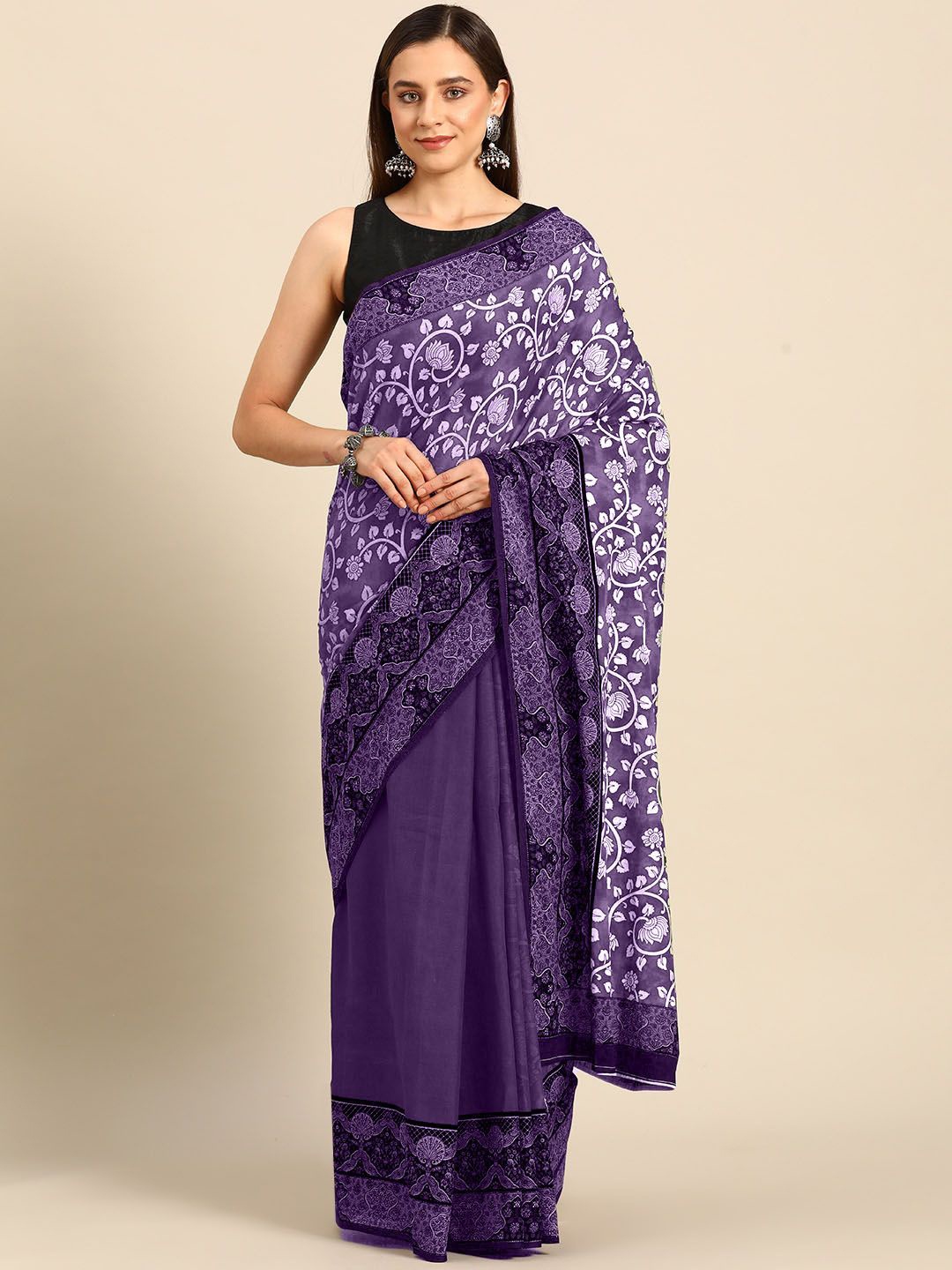 

BUTA BUTI Floral Printed Pure Cotton Saree, Purple