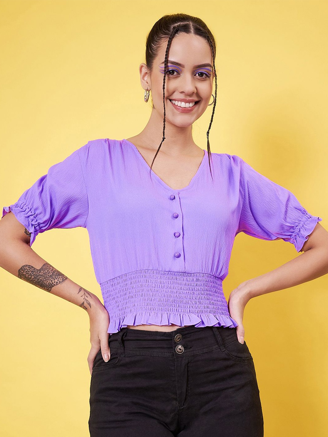 

Kannan Puff Sleeve Cotton Cinched Waist Crop Top, Lavender