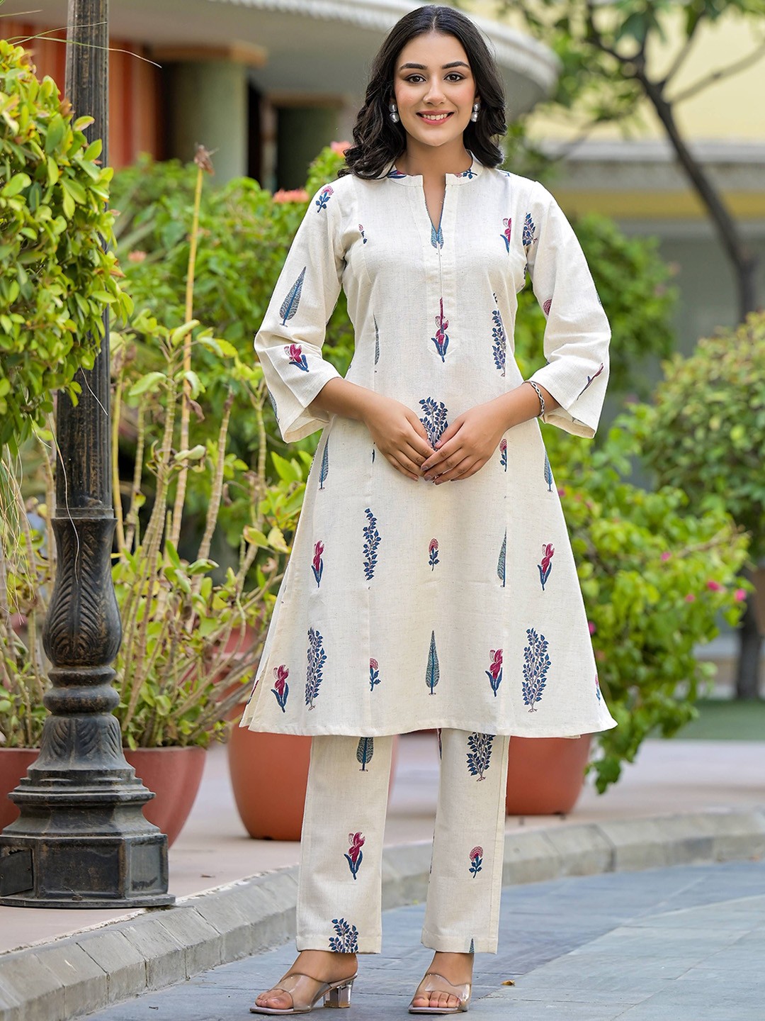 

Jaipuri Adaah Printed Pure Cotton Tunic & Trousers, Off white