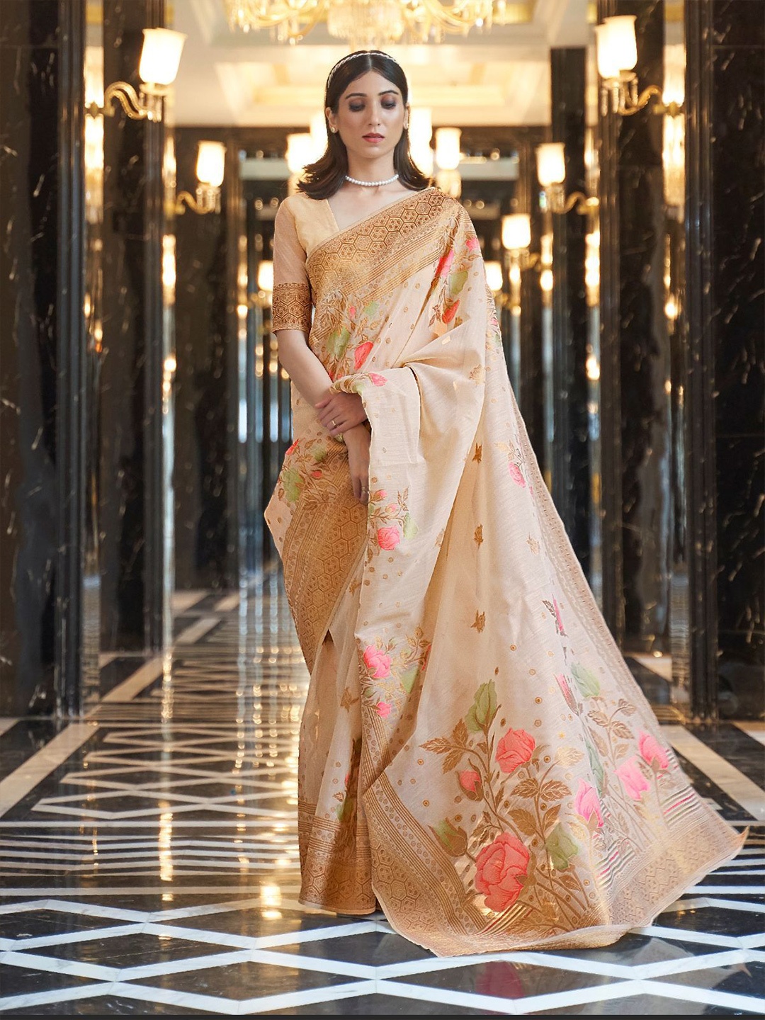 

ODETTE Woven Design Zari Saree, Cream