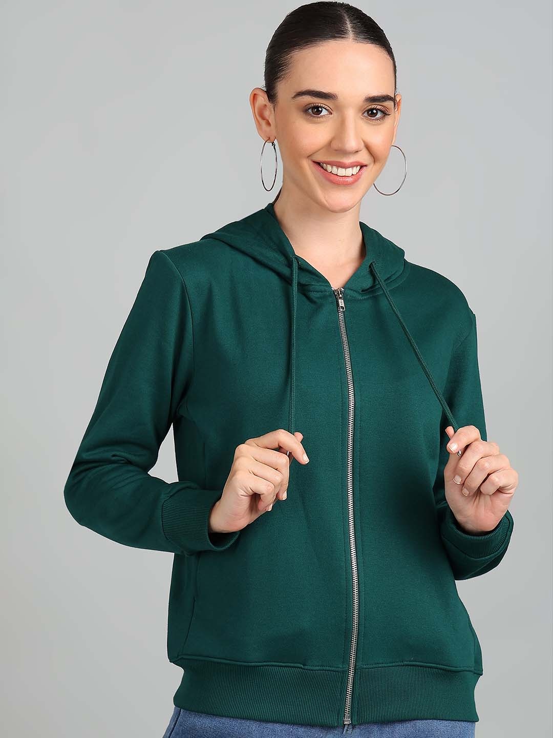 

Alan Jones Women Solid Hooded Front-Open Cotton Sweatshirt, Green