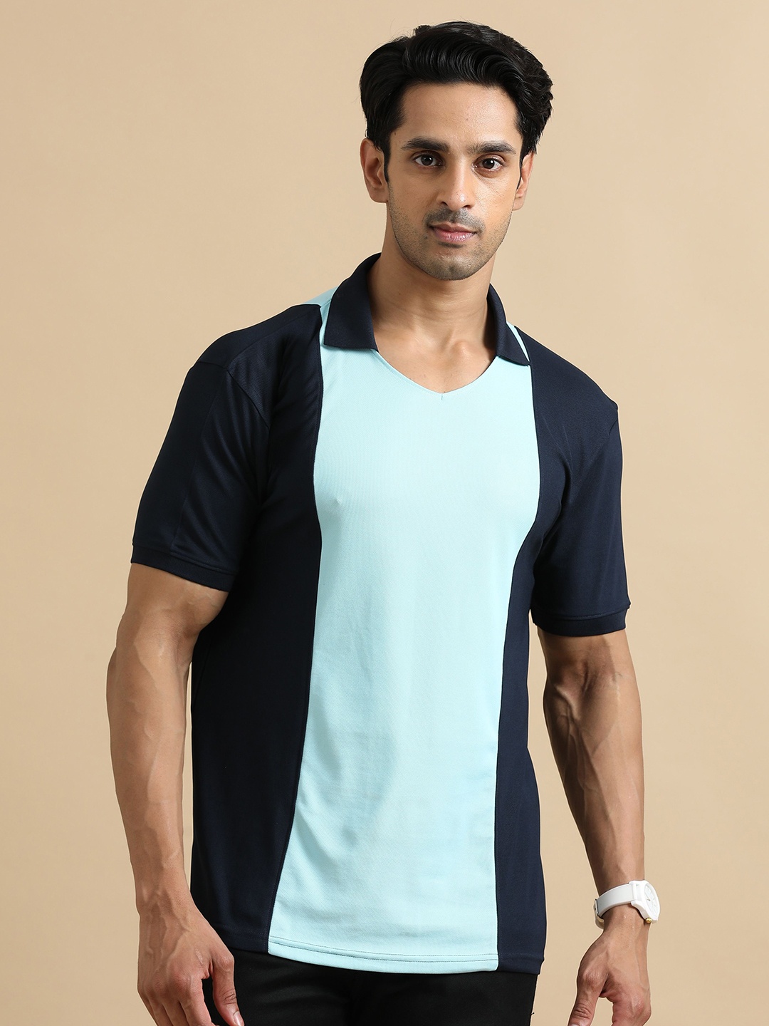 

ECOLINE Clothing Men Antimicrobial Colourblocked Polo Collar T-shirt, Navy blue