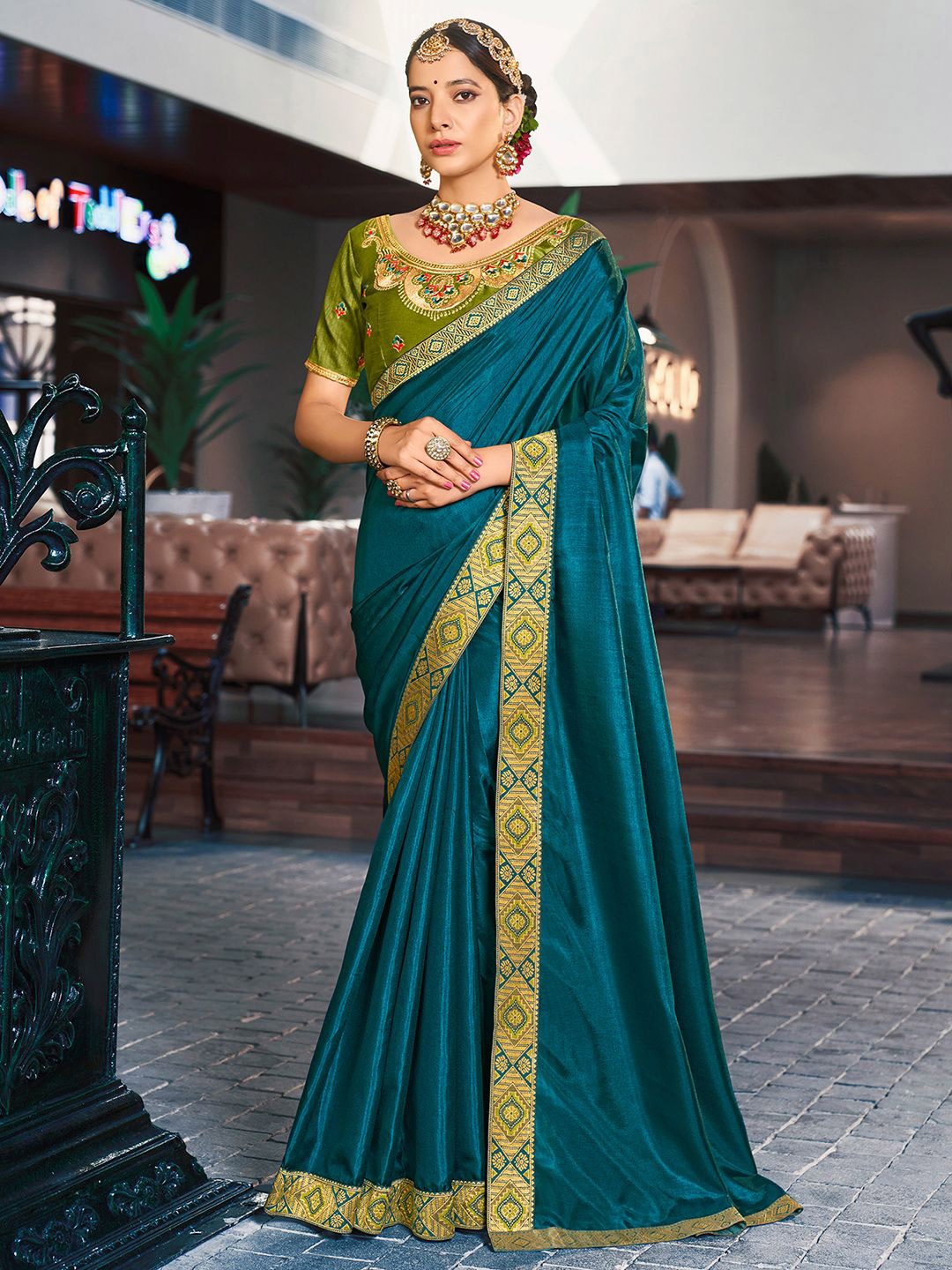 

KALINI Zari Woven Design Solid Saree with Matching Blouse, Teal